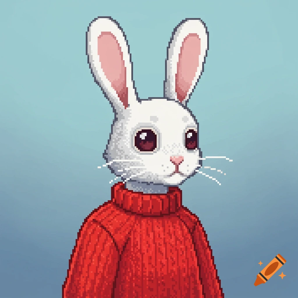 A pixel art portrait of a white and grey rabbit wearing a red sweater.