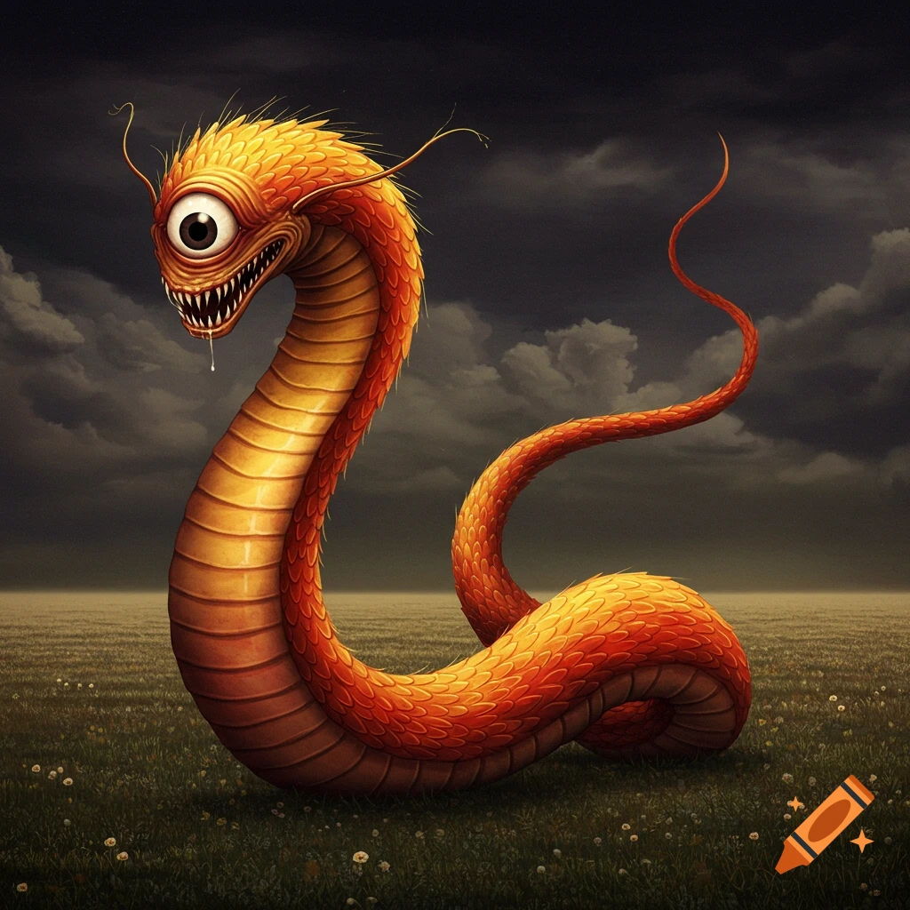A long, orange, snake-like monster with a single large eye and sharp teeth stands in a grassy field under a dark, cloudy sky.