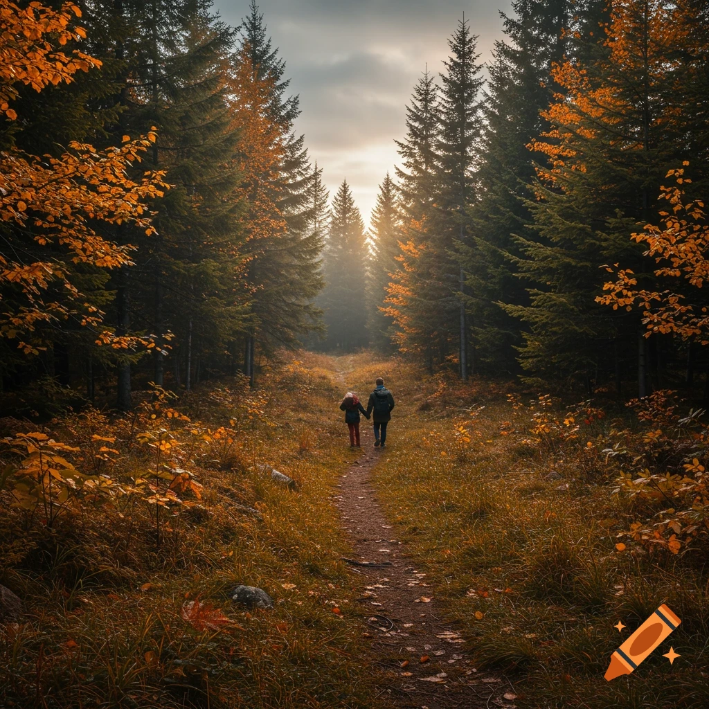 Two people walk down a path through an autumn forest in soft sunlight.