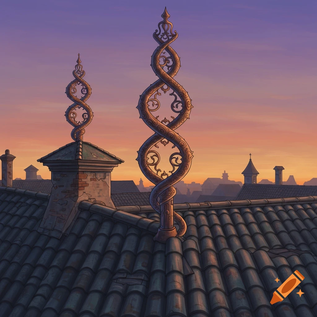 Two ornate spiraling poles are on a tiled rooftop against a sunset sky.