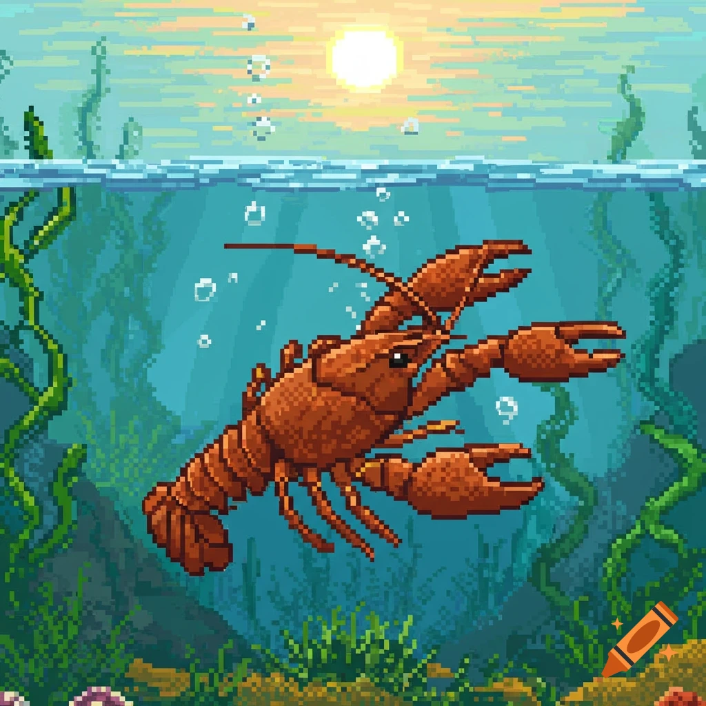 Pixel art of a crayfish swimming underwater