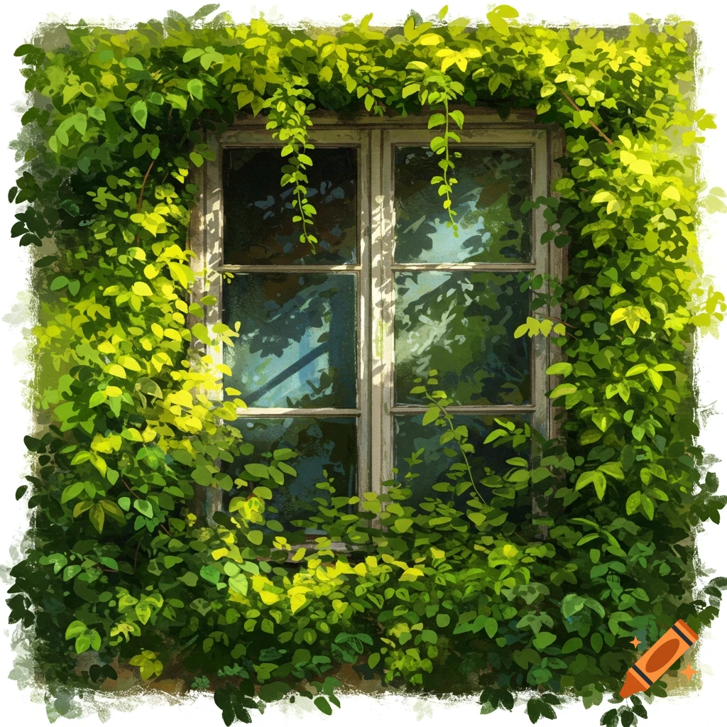 A window covered in lush green vines.
