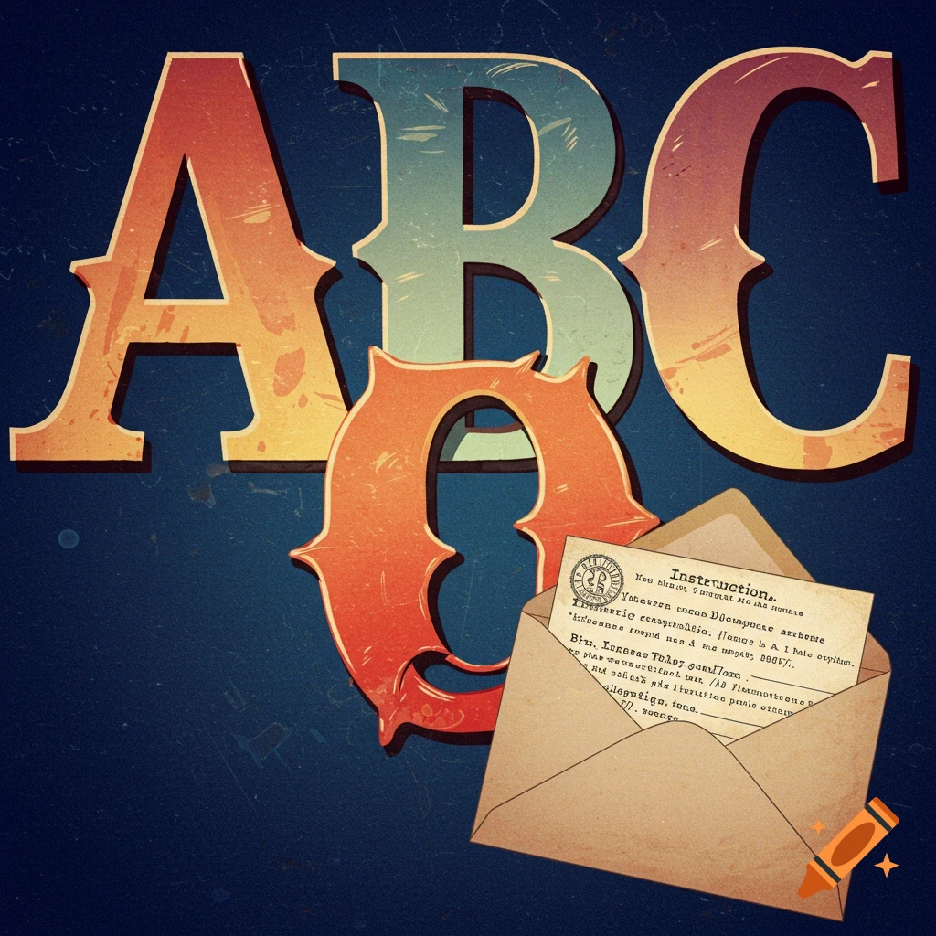 Large stylized letters ABC with an envelope containing a paper note, vintage style.