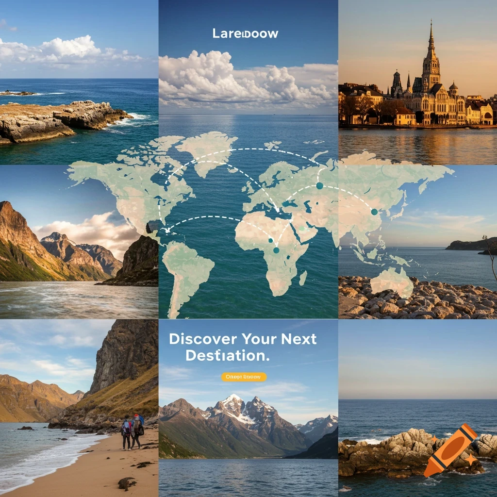 Collage of diverse travel destinations linked by a world map overlay with text.