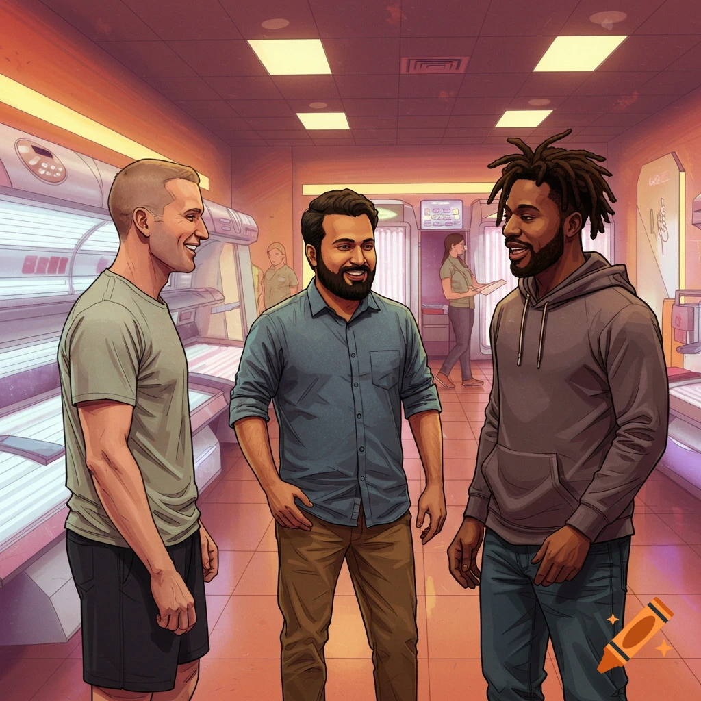 Three men are talking in a tanning salon.