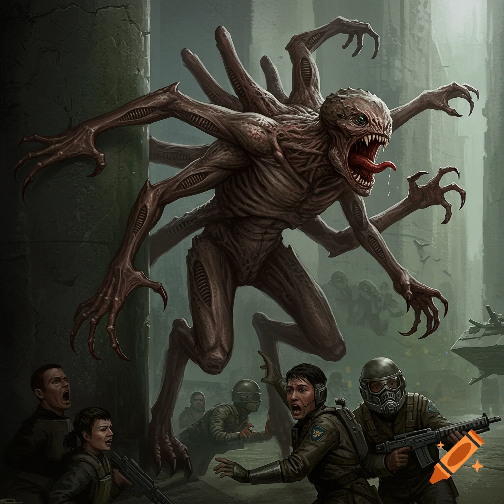 A terrifying, multi-limbed alien creature bursts into a ruined room, scattering soldiers in gas masks who react in horror.