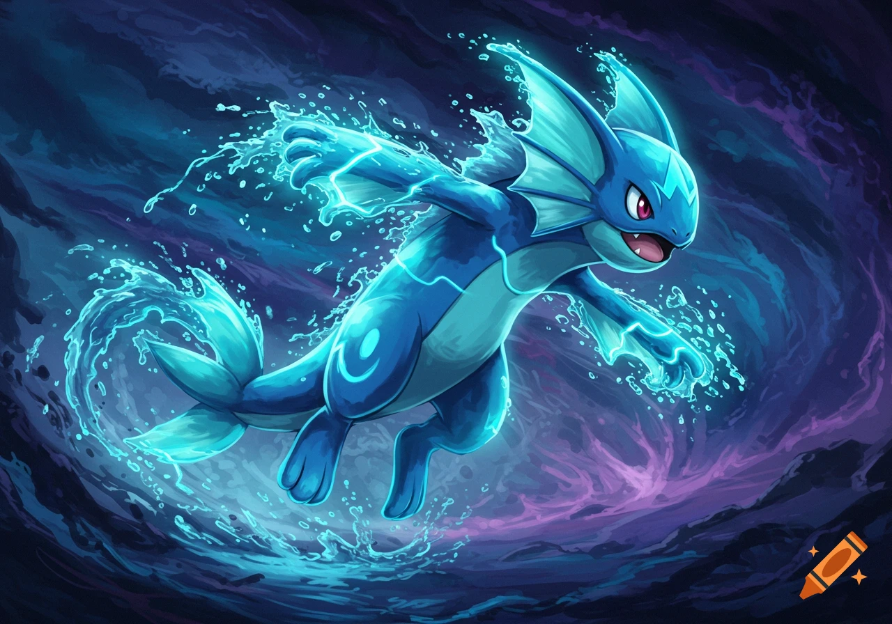 A blue creature resembling Vaporeon swims through glowing water.