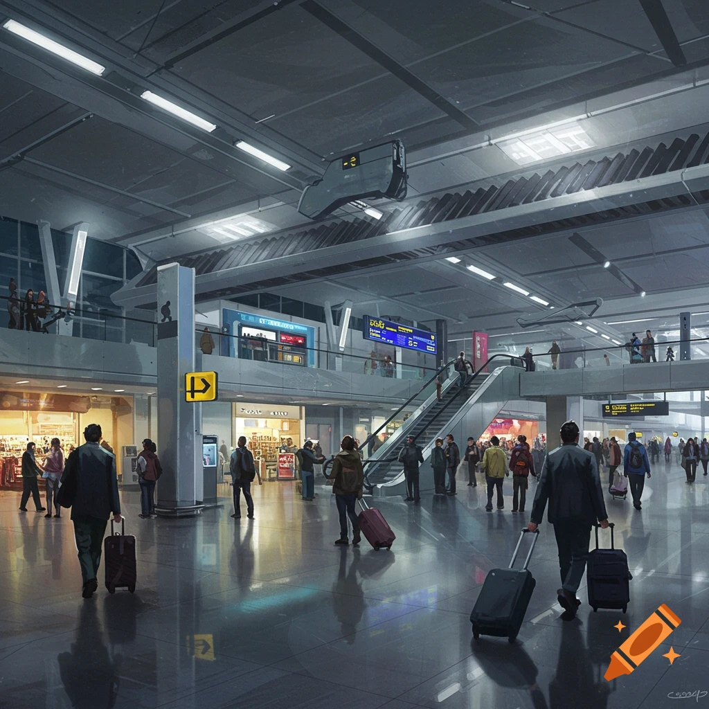 A bustling airport terminal with travelers.