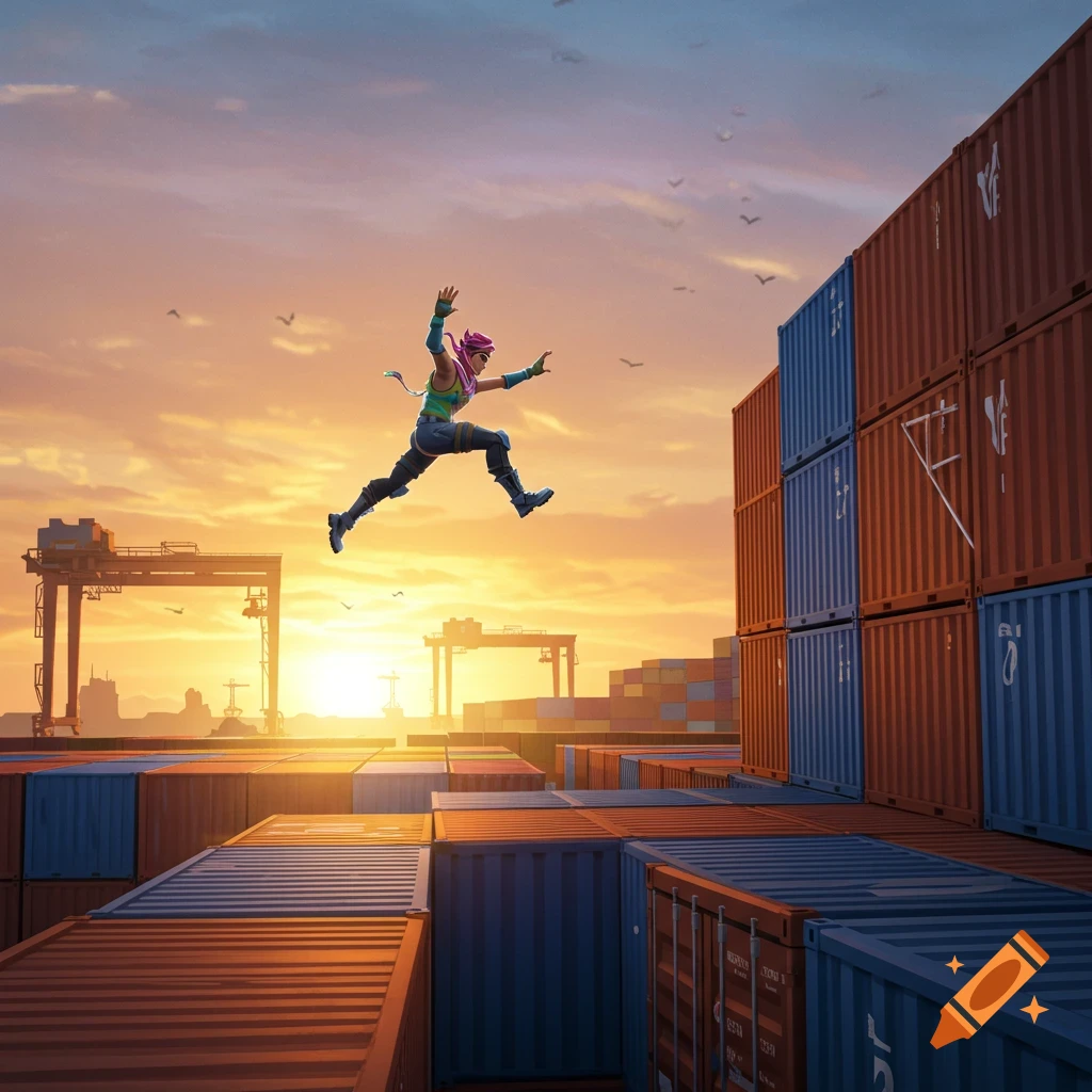 A stylized character jumps over shipping containers in a port at sunset.