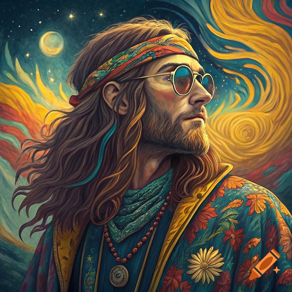 Painterly portrait of a long-haired man in hippie attire with sunglasses and a bandana against a swirling, psychedelic background.