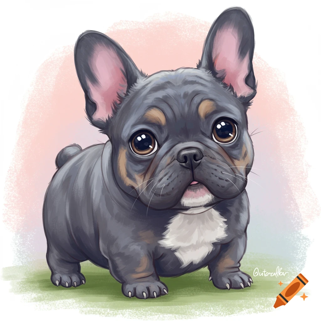 A cute chubby blue brindle French Bulldog puppy standing in grass.