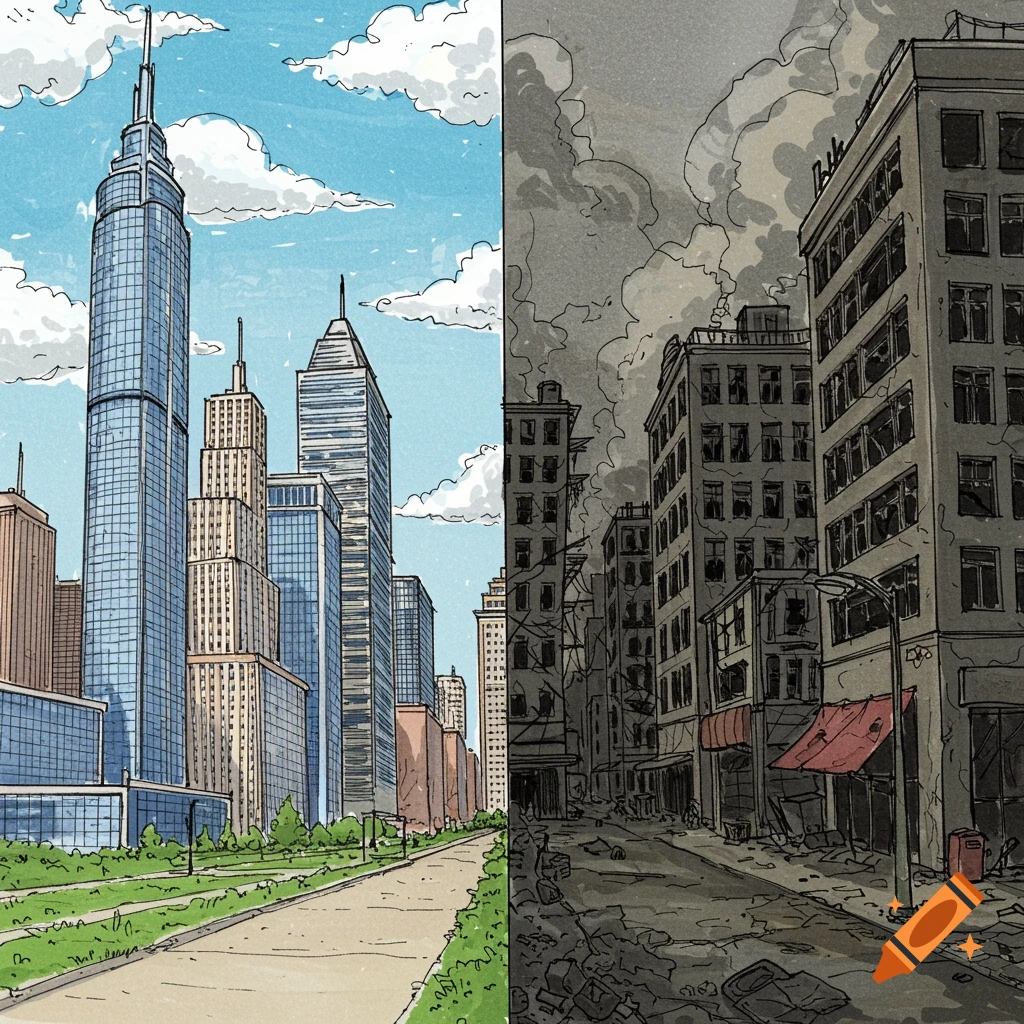 Hand-drawn split cityscape: modern skyscrapers vs. ruined buildings.