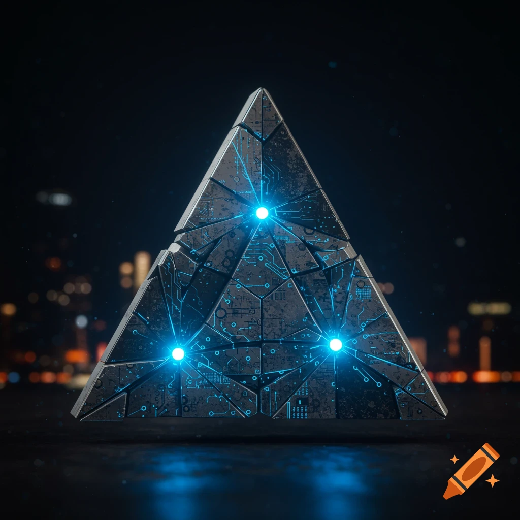 A futuristic 3D render of a metallic pyramid with blue lights and circuitry against a dark city backdrop.