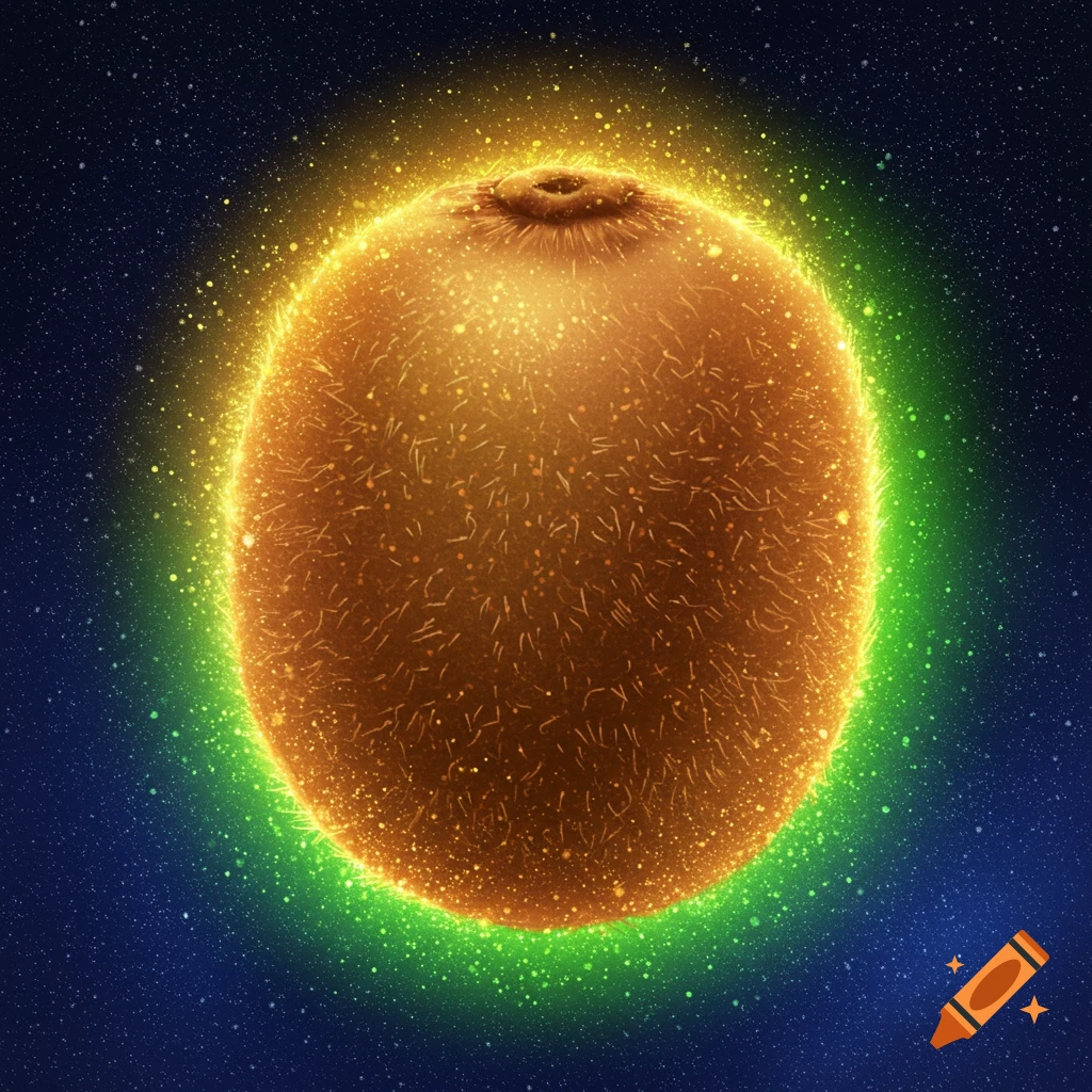 A kiwi fruit glowing with a green and yellow aura in space