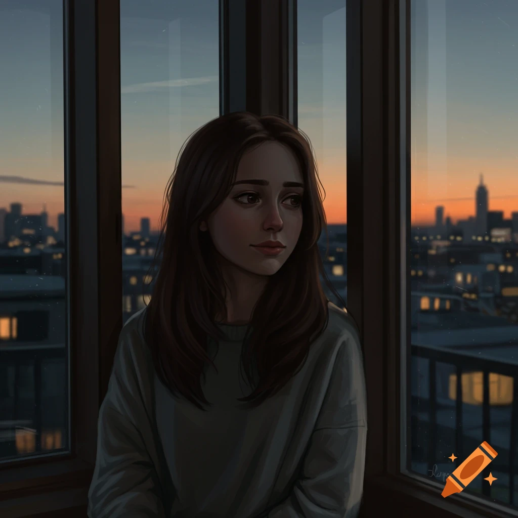 A woman looks out a window at a city skyline during sunset.