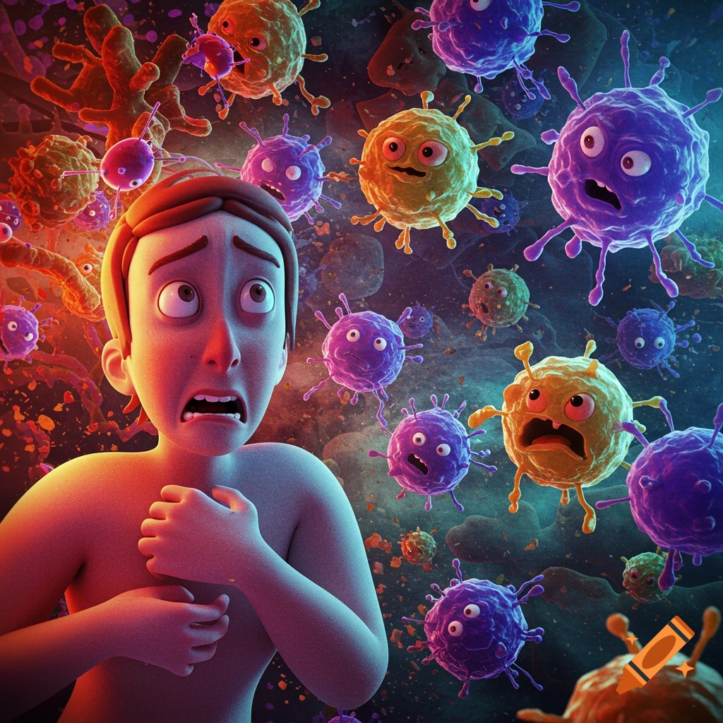 A scared cartoon person surrounded by cartoon microbes.