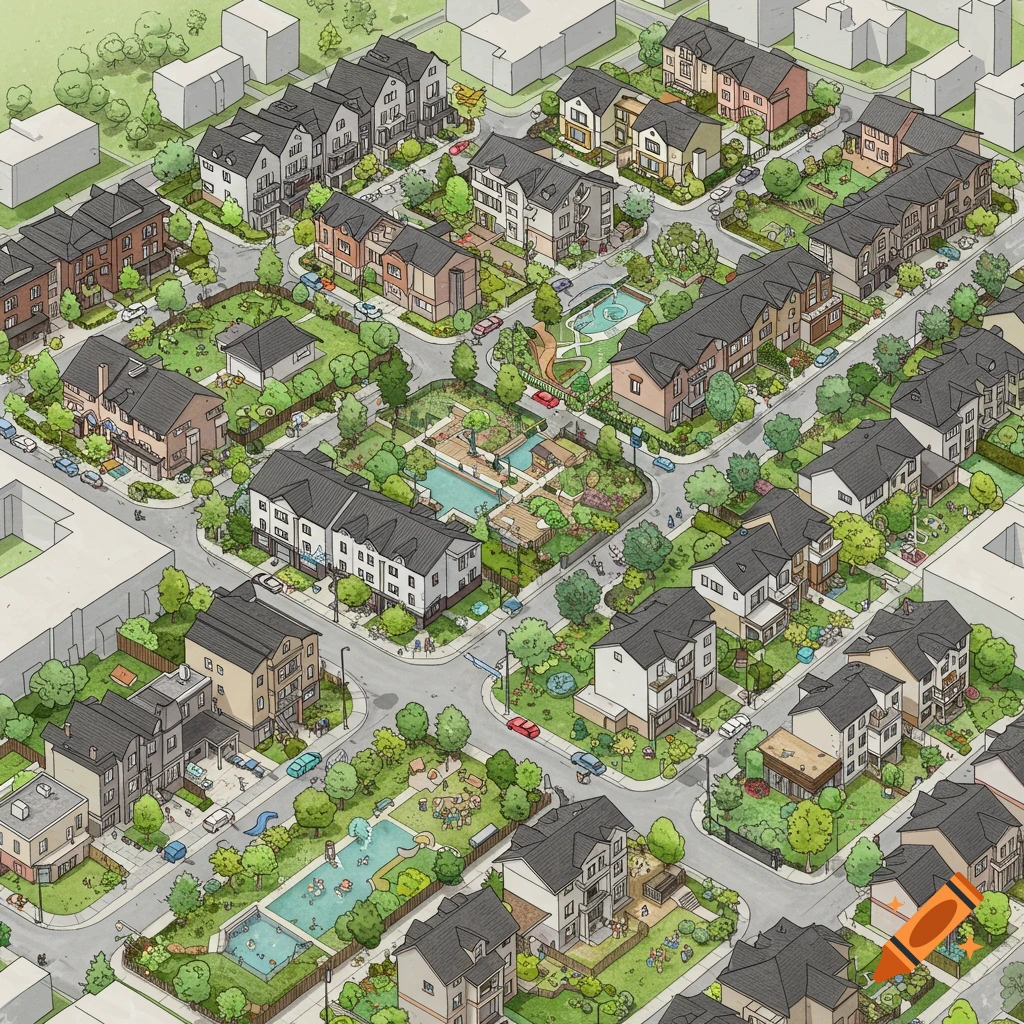 Isometric illustration of a neighborhood with houses, streets, parks, and people