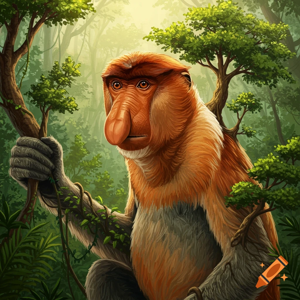 A proboscis monkey in a forest with trees growing from its back.