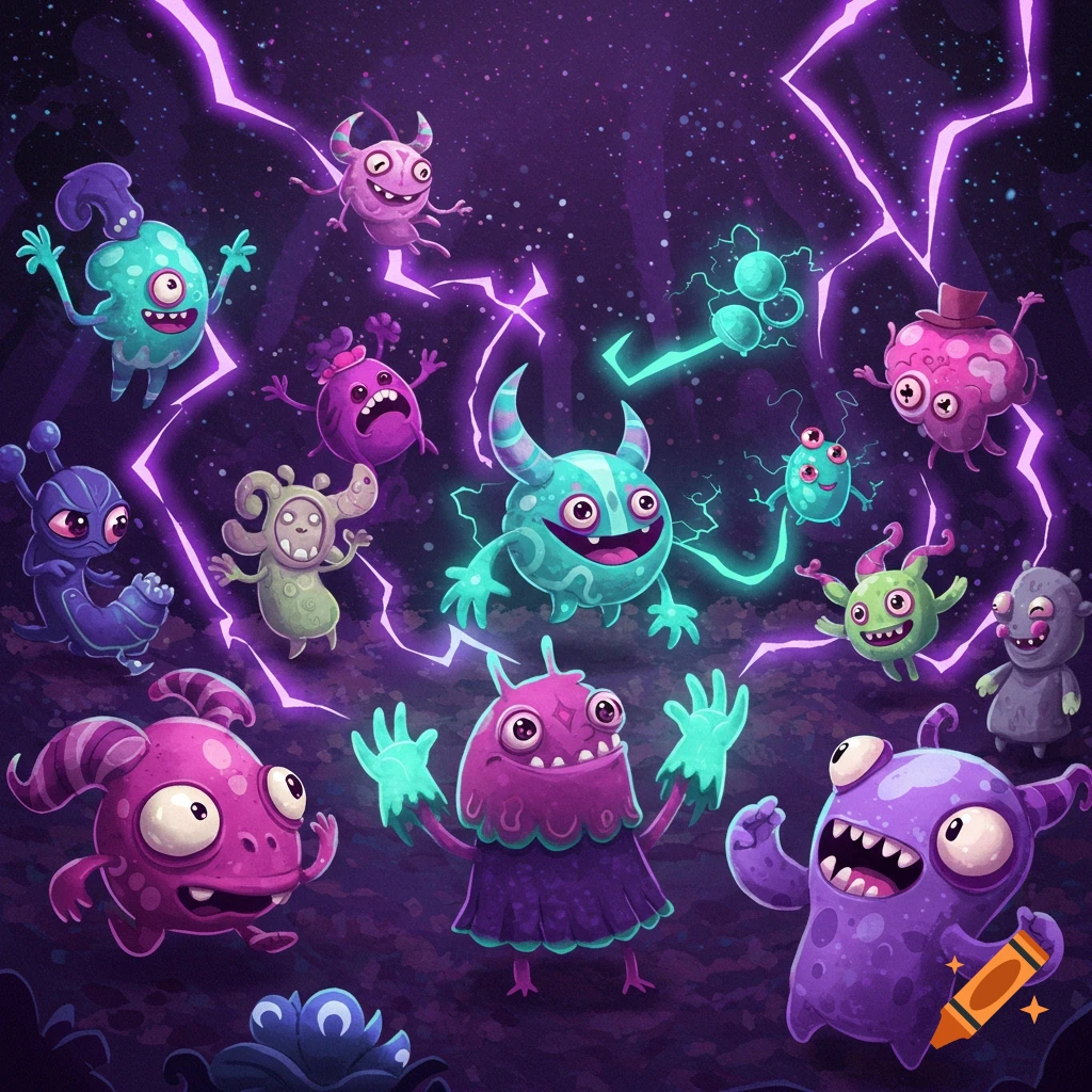 Colorful cartoon monsters in a purple night sky with lightning