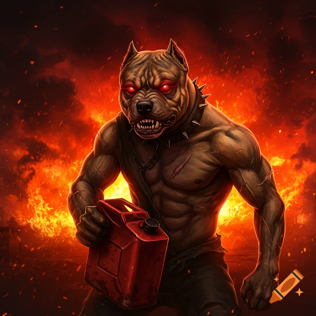 Anthropomorphic pit bull with red eyes holding a gas can in a fiery scene.