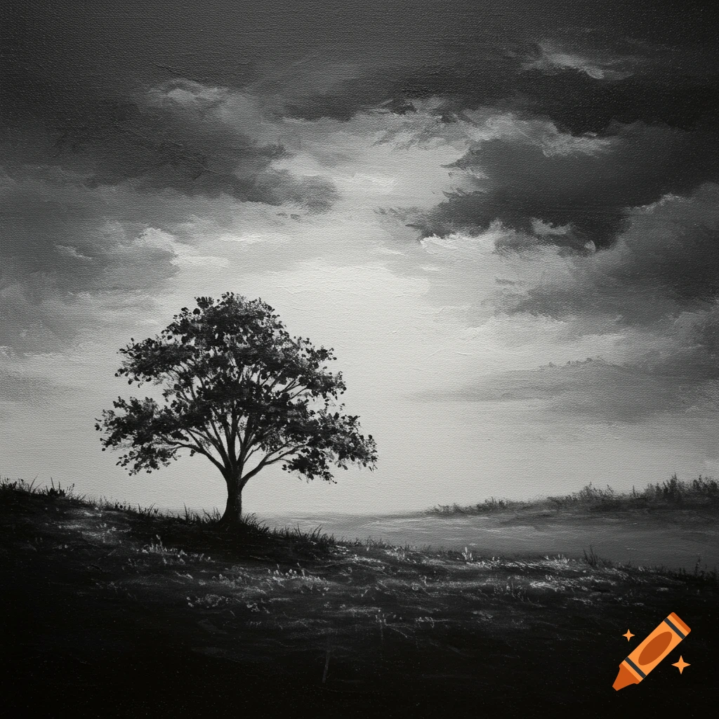 A lone tree on a hill under a dramatic, stormy sky, rendered in grayscale painting style.