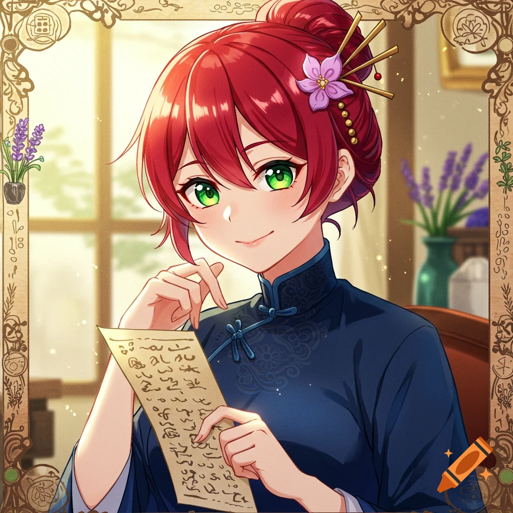 Anime girl with red hair and green eyes, wearing traditional blue clothing, holding a paper with writing, in a decorative frame.