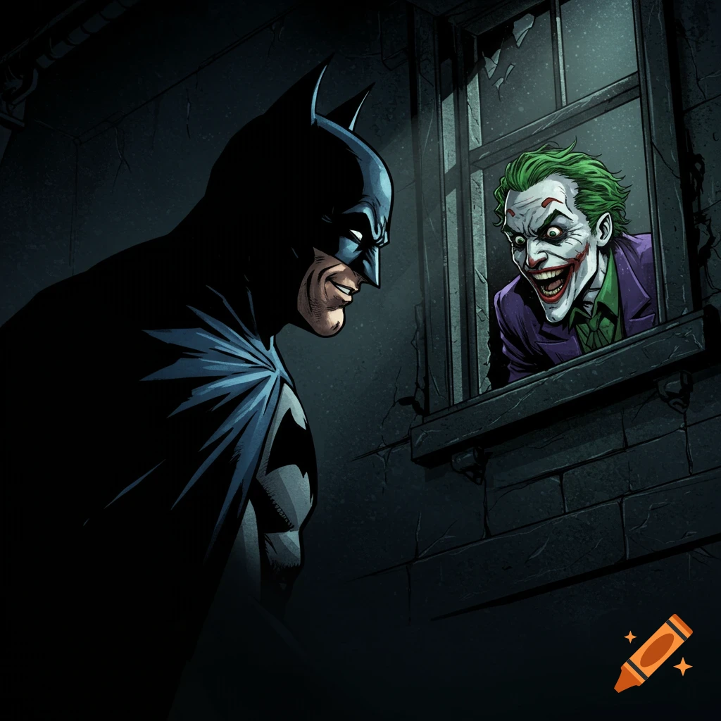 Batman looks towards a grinning Joker peering through a window in a dark, comic book style illustration.