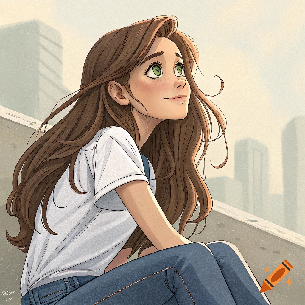 Illustration of a young woman with brown hair looking up while sitting outdoors in a city.