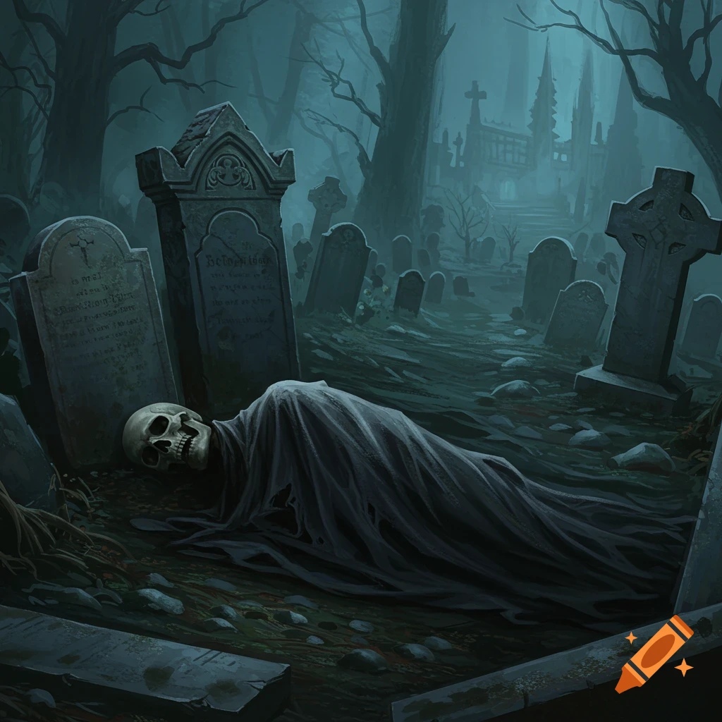 A skeletal figure lies on the ground in a dark, foggy graveyard.