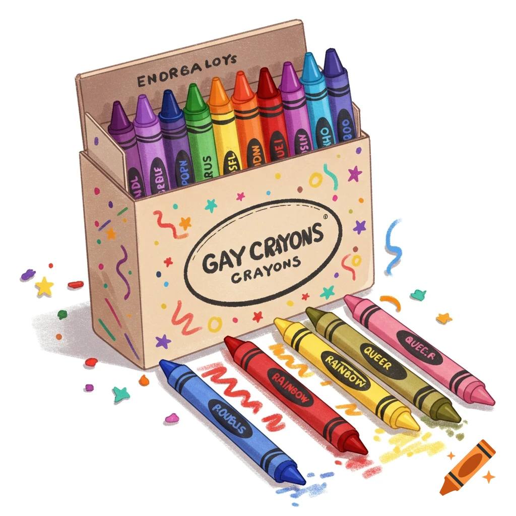A box of rainbow colored "Gay Crayons" with several crayons scattered around.