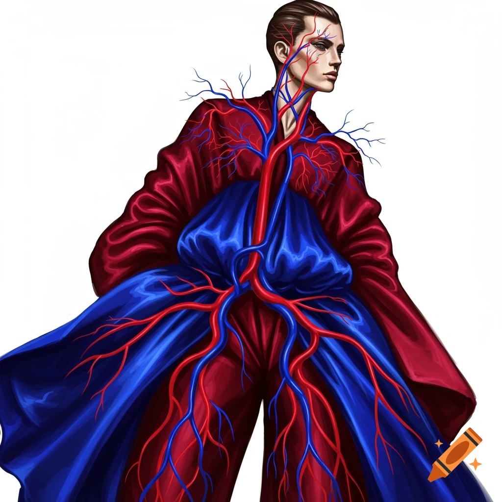 Figure in avant-garde fashion with red and blue vein/artery design.