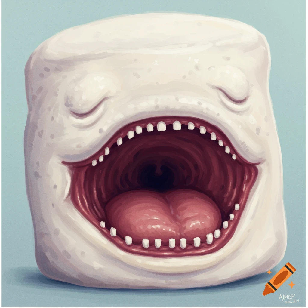 A white marshmallow monster with a large open mouth, many teeth, and a tongue.