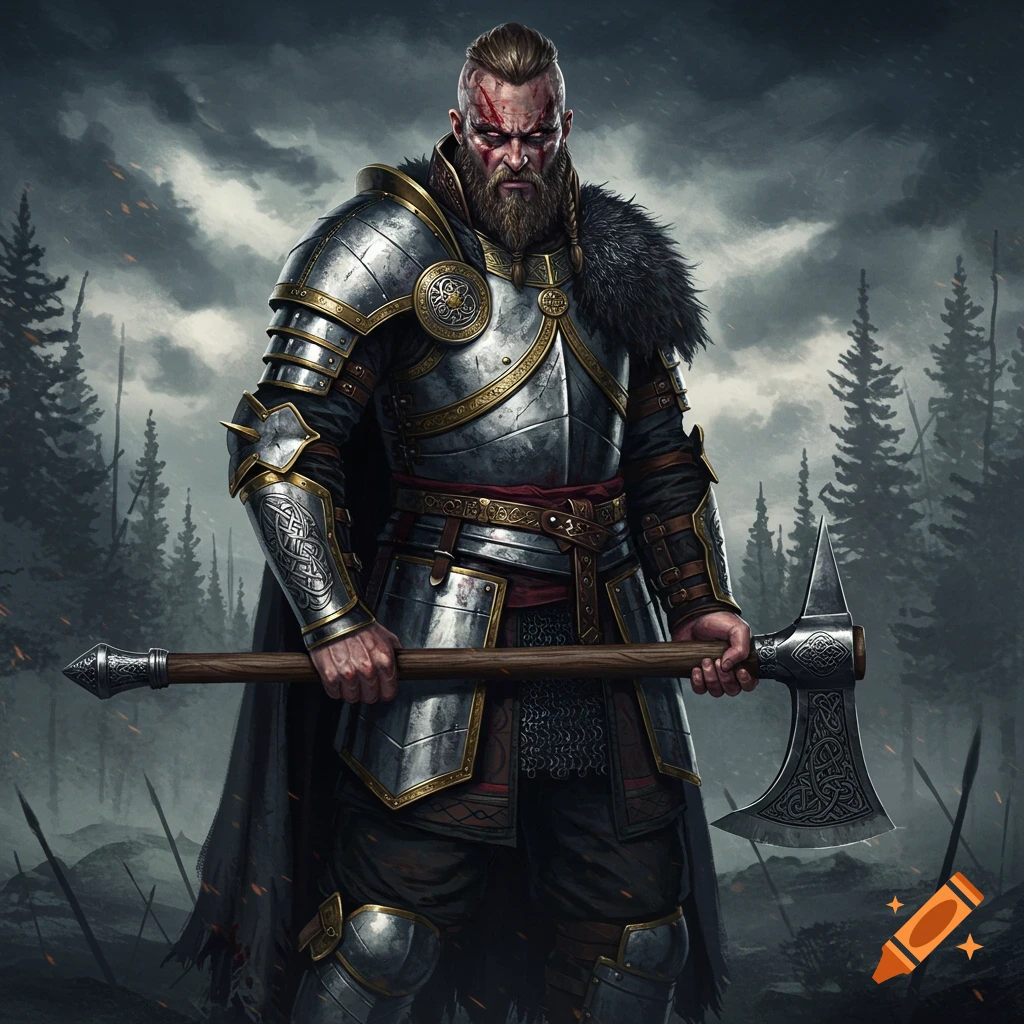 A fierce Viking warrior in medieval armor holding a large axe, against a stormy forest background.