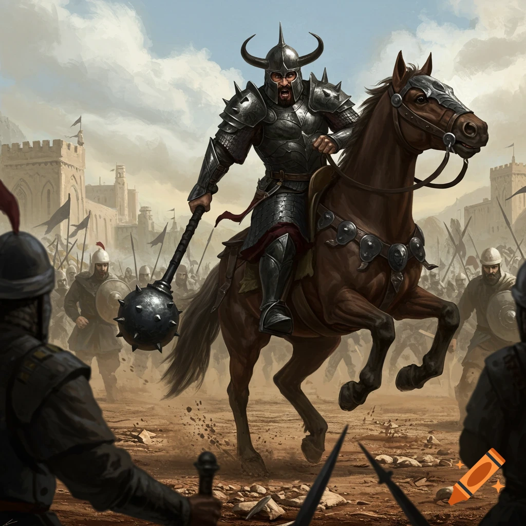 Heavily armored warrior on a horse charging in a battle scene.