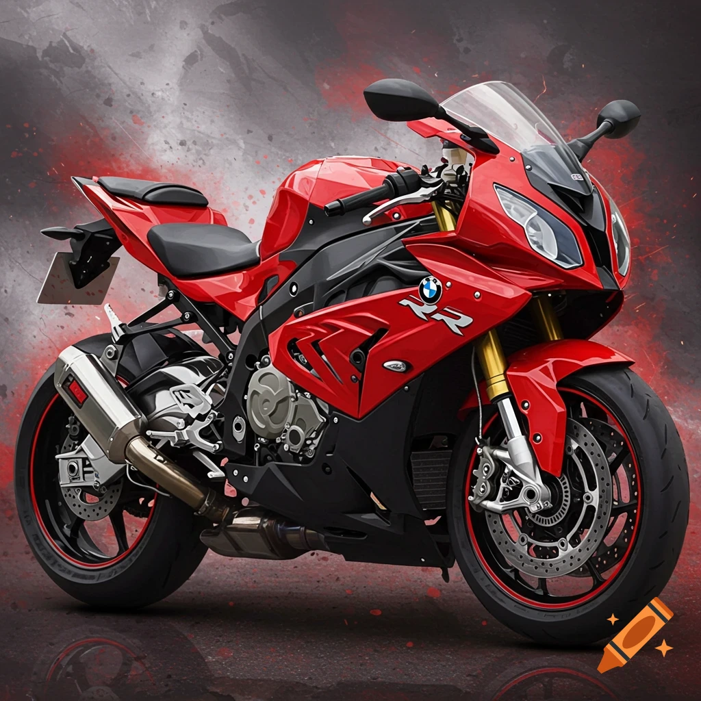 A red and black BMW S1000RR sportbike against a grey and red splattered background.