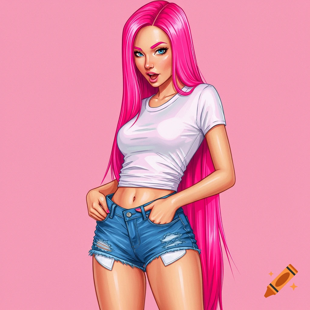 A woman with long pink hair wears a white crop top and jean shorts.