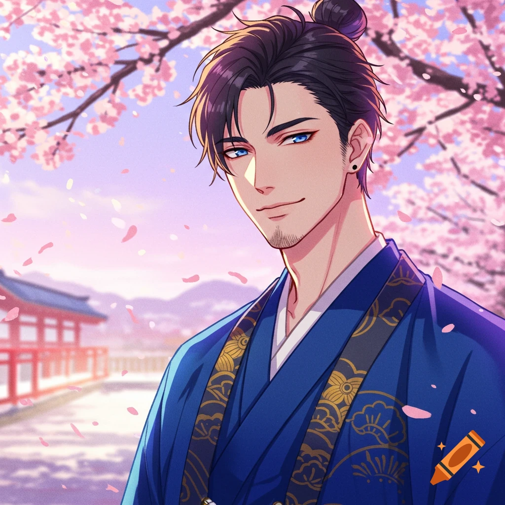 Handsome anime man in blue kimono under cherry blossoms