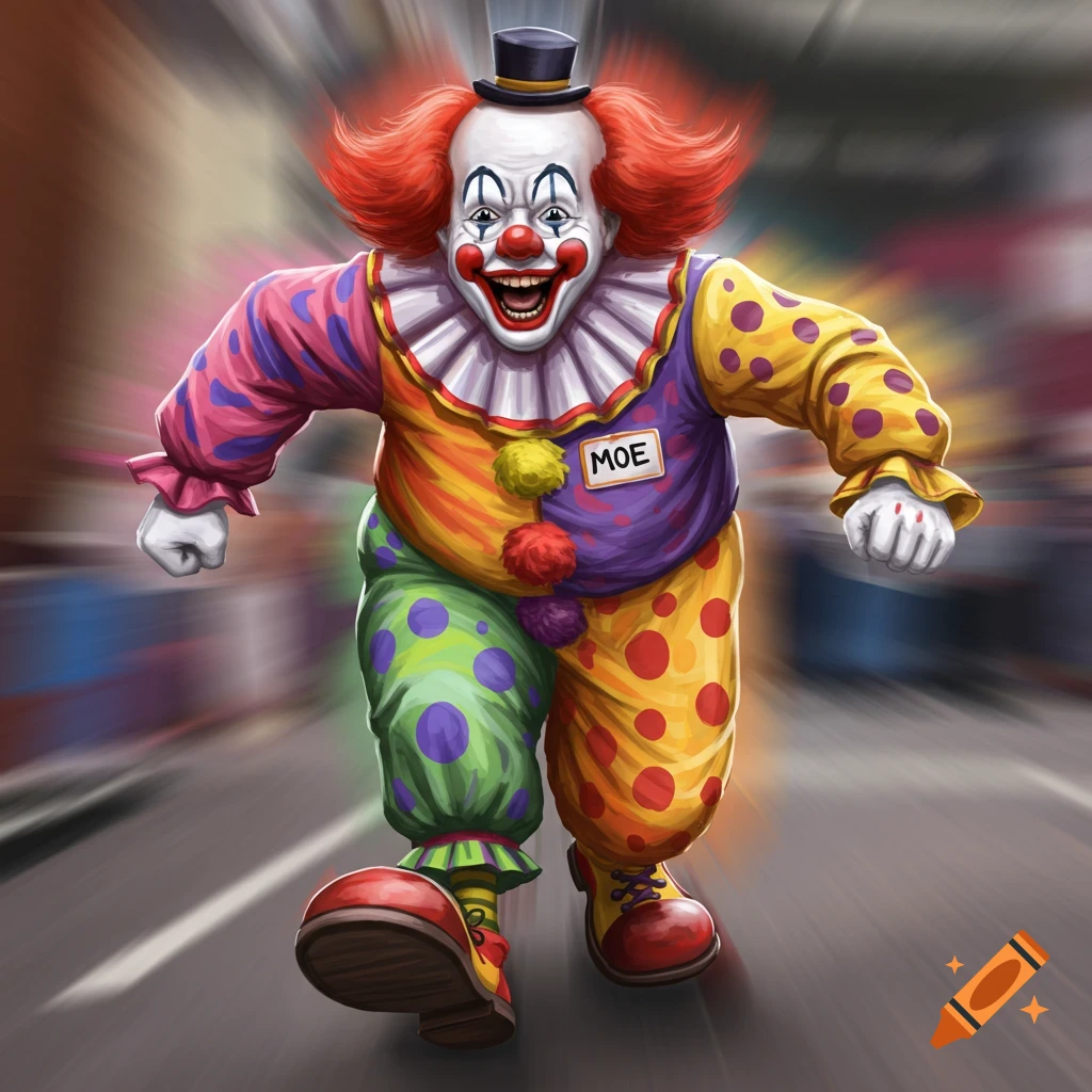 A colorful clown with a nametag running towards the camera.