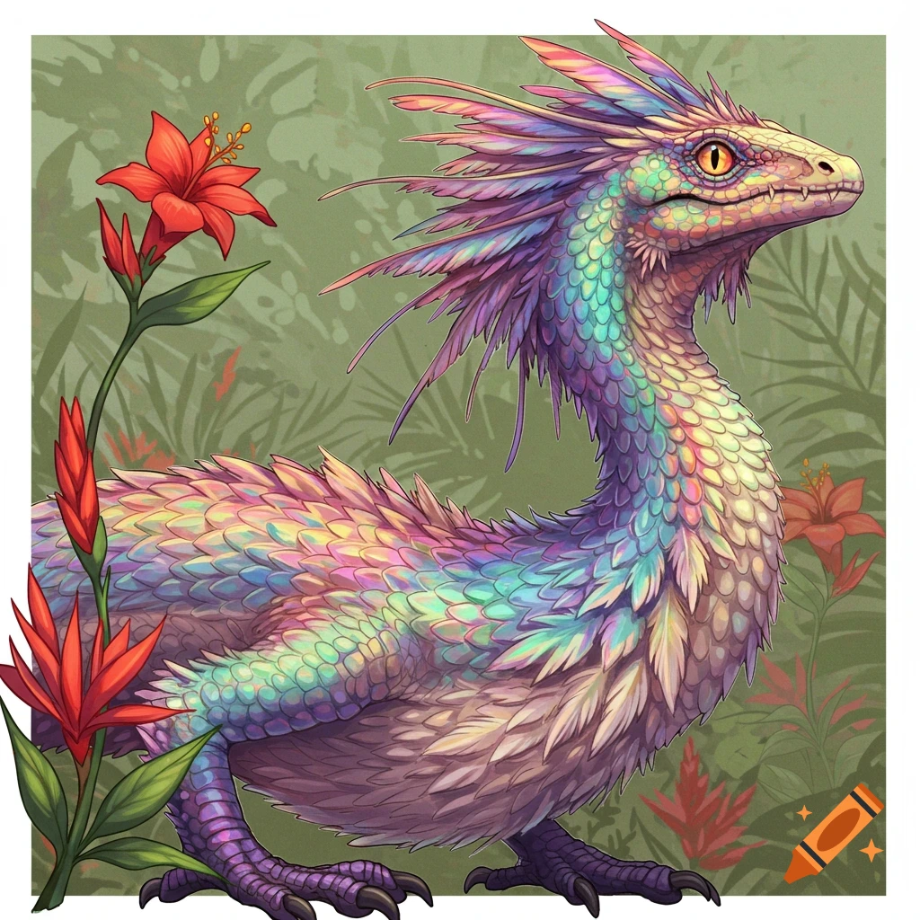 Colorful feathered dinosaur-like creature among red flowers.