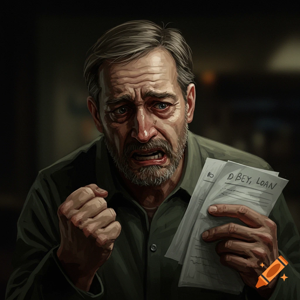 a stressed man holding papers with a clenched fist