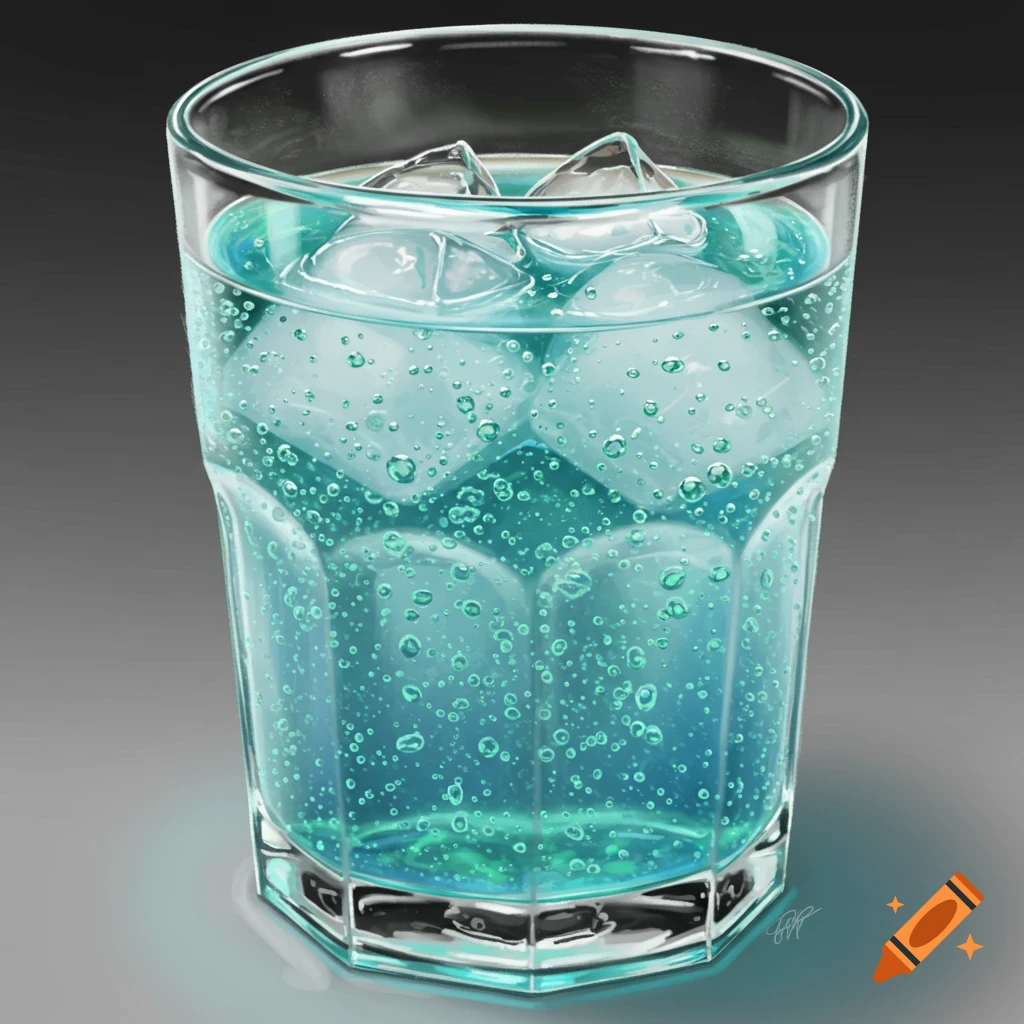 A glass of soda filled with ice cubes and bubbles