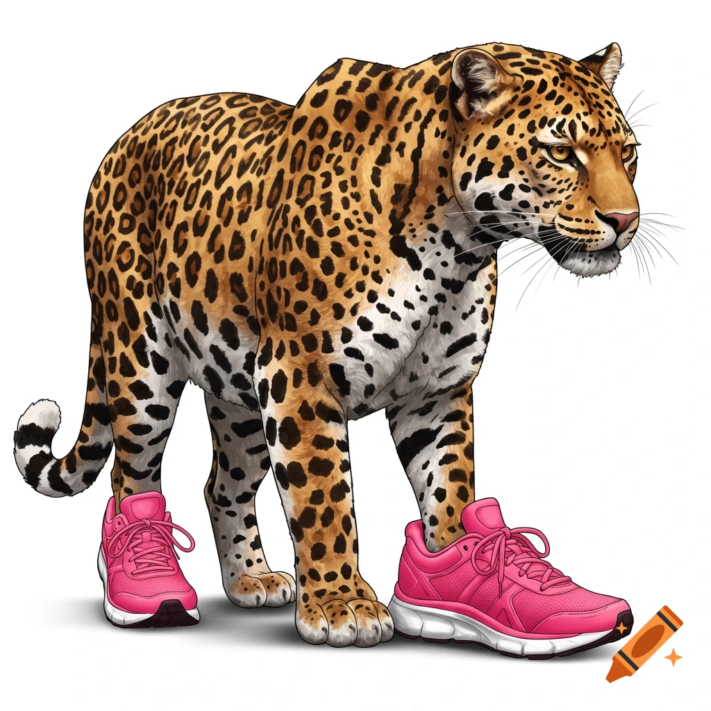 A leopard is wearing pink running shoes.