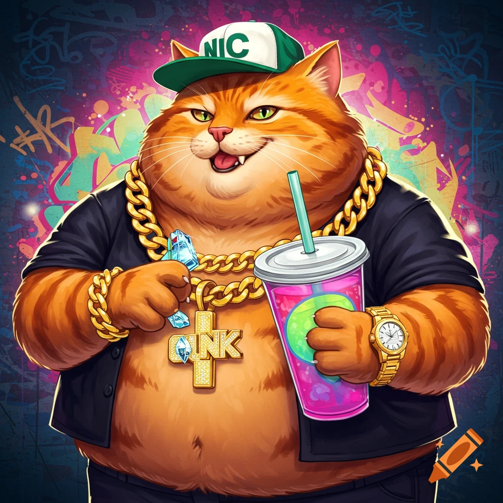 A cartoon orange cat in rapper bling with a drink and hat in front of graffiti.