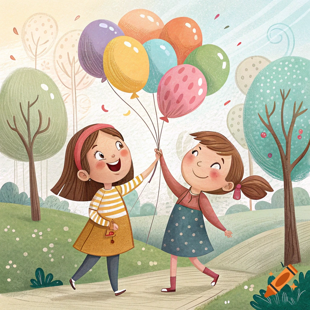 Two happy cartoon girls hold a large bunch of colorful balloons while walking in a park.