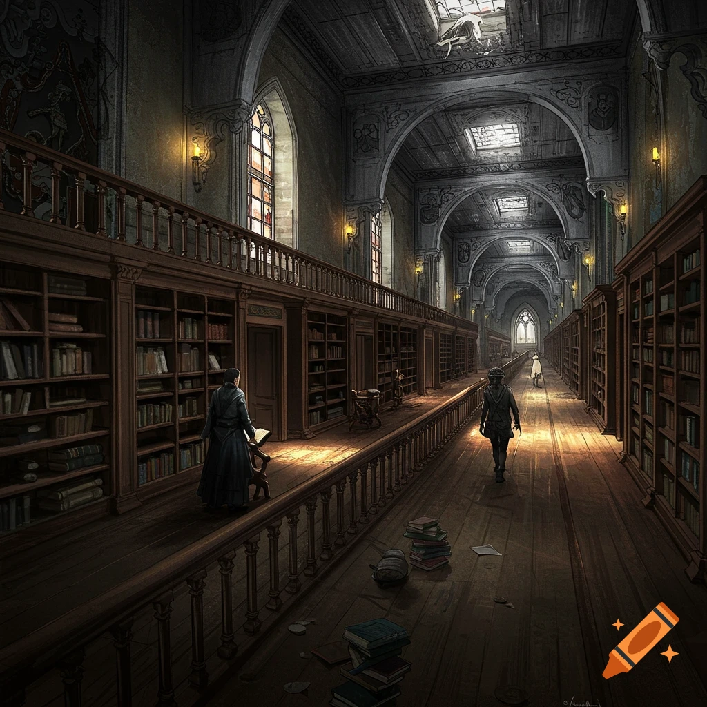 A long, grand library hallway with tall bookshelves, arched ceilings, and figures walking.