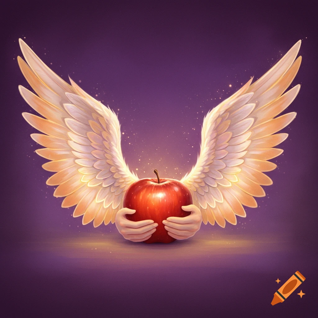 A red apple held by hands with large glowing angel wings behind it.