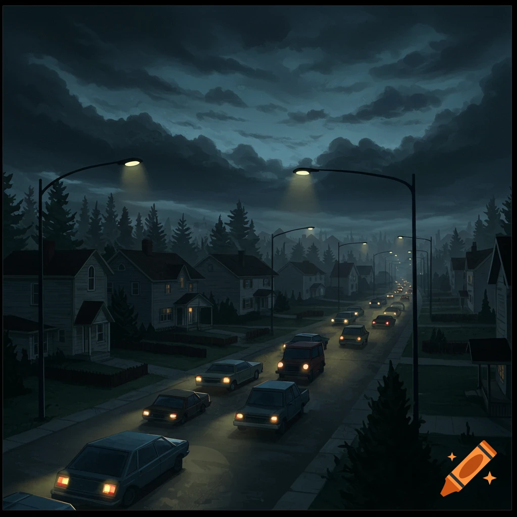 A dark scene of a suburban street with houses and traffic under cloudy, stormy skies.