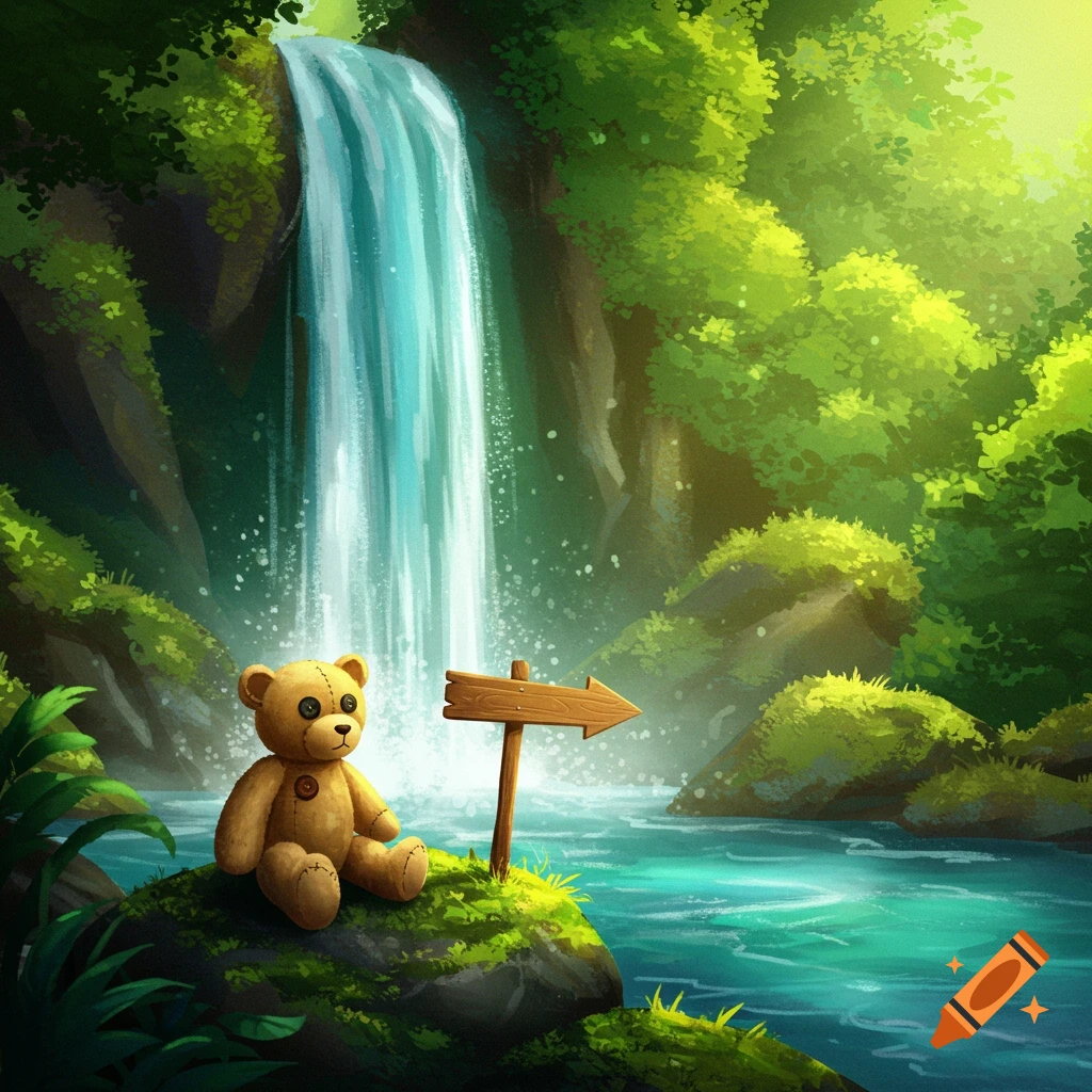 A teddy bear is sitting near a waterfall with an arrow signpost pointing right.