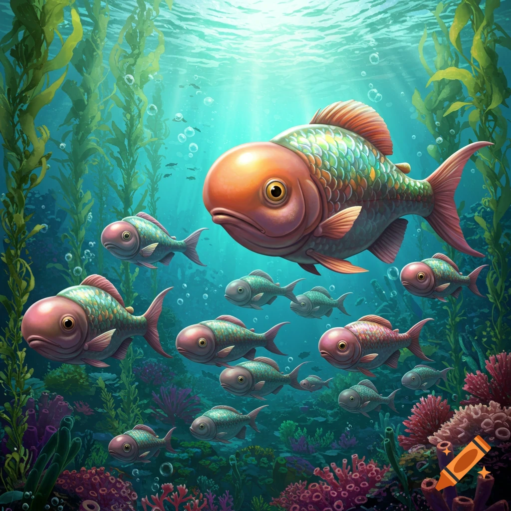 Stylized colorful fish swimming among seaweed and coral.