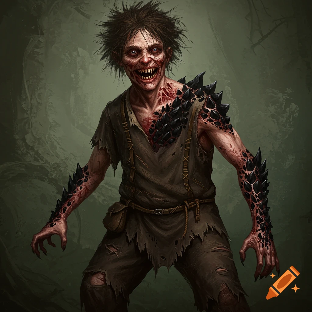 A ragged human-like creature with sharp teeth, claws, and black scales.
